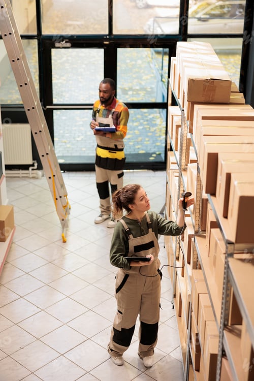 Preview: Employee scanning cardboard boxes using store scanner