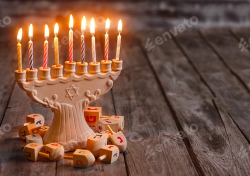 Preview: Hanukkah Menorah with Burning Candles and Dreidels