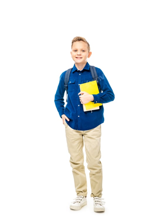 Preview: cute schoolboy in blue shirt with backpack holding books isolated on white