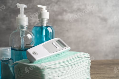 Preview: Blue alcohol sanitizer gel with digital thermometer and mask for new normal protect