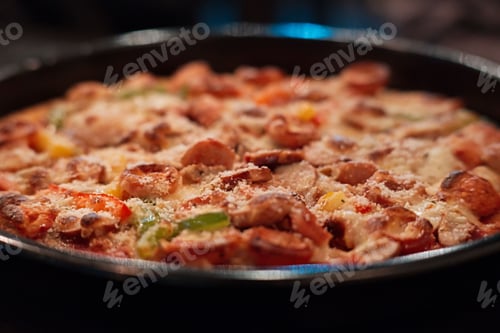 Preview: Closeup shot of a delicious deep dish pizza with meat and vegetable toppings