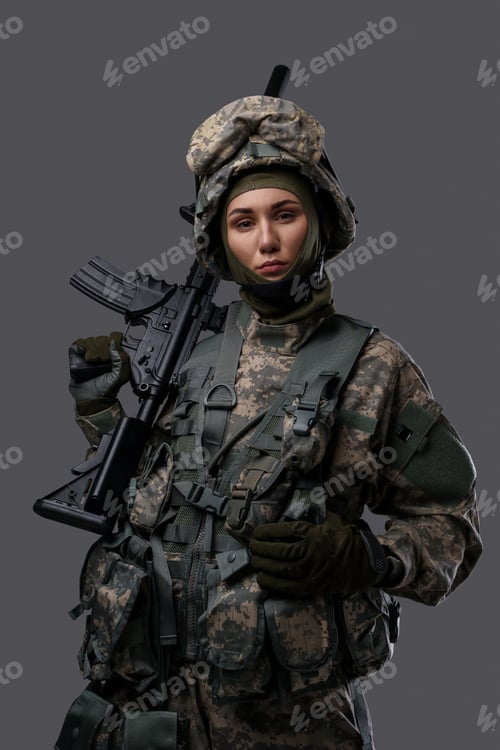 Preview: Woman in Camouflage Gear with Rifle Studio Shot