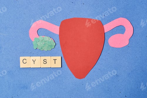 Preview: Female uterus made of paper with cyst. Concept Ovarian cyst.