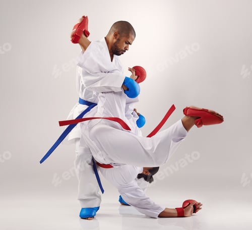 Preview: Hes got her beat. Two peopledoing karate.