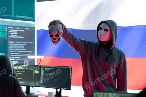 Preview: Russian cyber criminal with anonymous mask and hood holding a skull