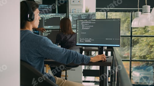 Preview: Asian system engineer working with html script on computer screen