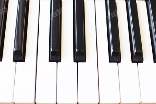 Preview: Synthesizer keys black and white background with copy space for your text. Piano octave close up
