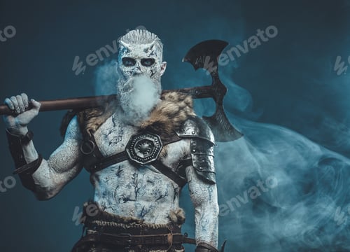 Preview: Scary undead from nord with axe in blue background with fog