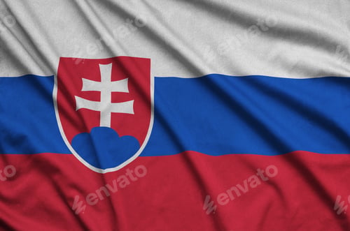 Preview: Slovakia flag is depicted on a sports cloth fabric with many folds. Sport team waving banner