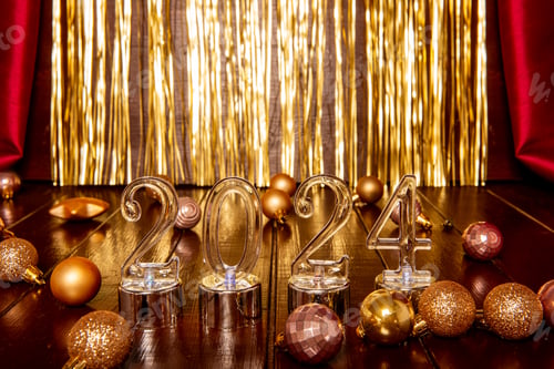 Preview: On wooden brown background transparent numbers 2024 among Christmas decorations balls on texture