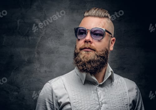 Preview: A bearded male in violet sunglasses, dressed in a white shirt.