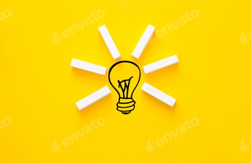 Preview: Lightbulb and wooden blocks with innovation basic links. Business ideas inspiration and innovation.