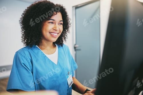 Preview: Computer, nurse and black woman typing in hospital for healthcare reports or telehealth. Medical, h