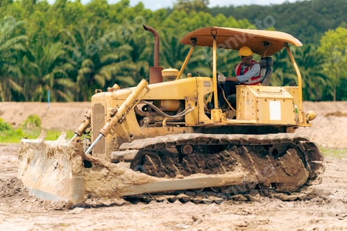 Preview: Black people worker in helmet on site construction, Excavator bulldozer male worker