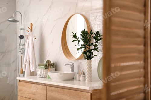 Preview: Modern bathroom interior with stylish mirror and vessel sink