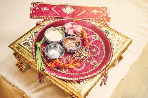 Preview: The red velvet on gold decoration table of prayer items for thread ceremony (puja