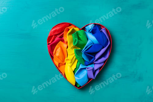 Preview: Heart shaped rainbow lgbtq flag against turquoise background, pride month
