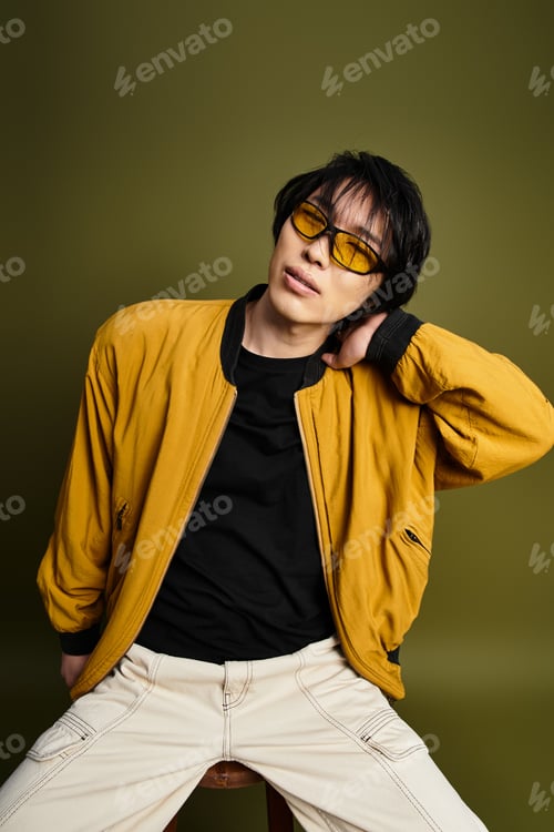 Preview: Stylish young man showcases modern fashion in a vibrant studio environment