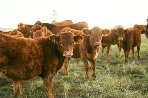 Preview: Cow, agriculture and animal on farm, countryside and cattle farming with organic beef, milk and mea