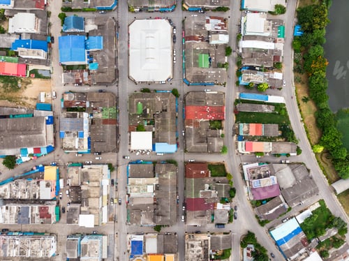 Preview: Aerial view of roof residential with traffic road crowded at rural