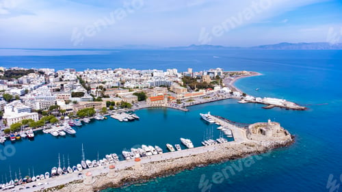 Preview: Mandraki port of Rhodes city harbor aerial panoramic view in Rhodes island in Greece