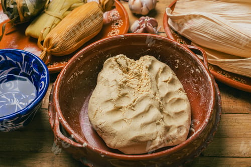 Preview: Corn dough nixtamalized in a clay pot to prepare tamales. Typical Mexican food.