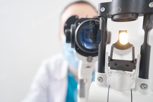 Preview: Professional male doctor using biomicroscope in the hospital