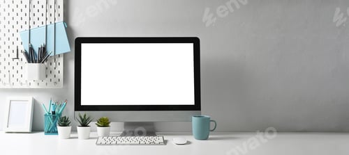 Preview: Panoramic photo of stylish workspace with mock up computer and office supplies.