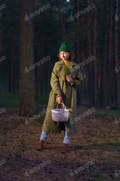 Preview: Young woman in hipster hat and trendy coat smiles standing with basket at dark trees