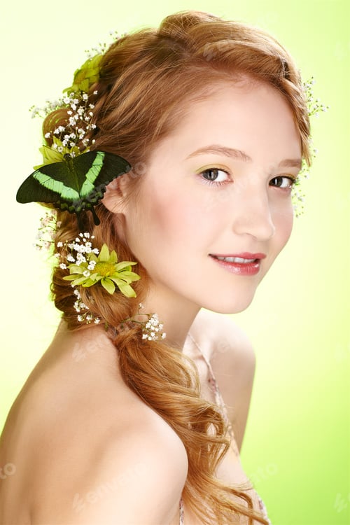 Preview: Portrait Of Beautiful Healthy Redhead Teen Girl With Flowers And Butterfly On Her Hair