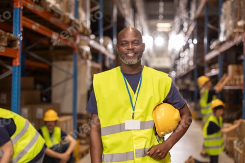 Preview: Supervisor smiling and holding hardhat in warehouse with workers