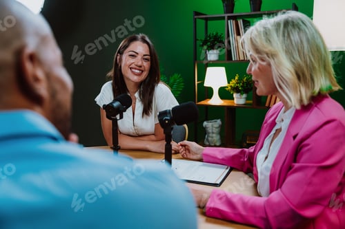 Preview: Diverse people broadcasting live podcast interview using microphones