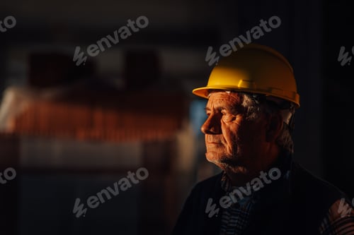 Preview: Senior construction worker wearing hardhat contemplating project progress