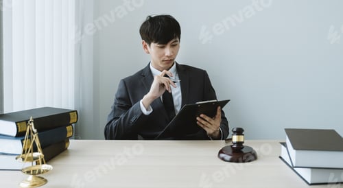 Preview: The man lawyer is sitting at the desk in the office with a justice scale and gavel hammer.