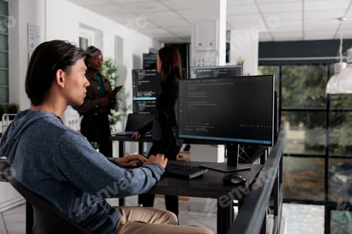 Preview: App engineer looking at computer typing machine learning server code