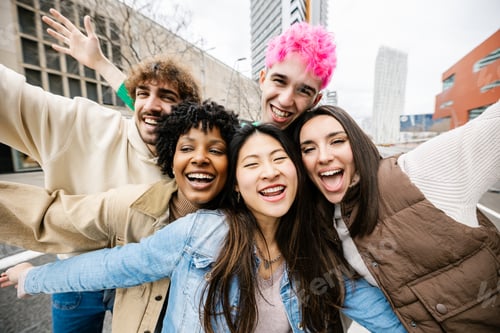 Preview: Happy diverse friends posing together outdoors with open arms