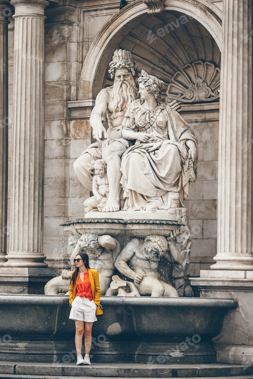 Preview: Woman walking in city. Young attractive tourist outdoors in italian city