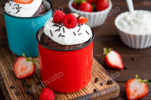 Preview: Chocolate mug cake with whipped cream and fresh berries. Cupcake cooked in the microwave.