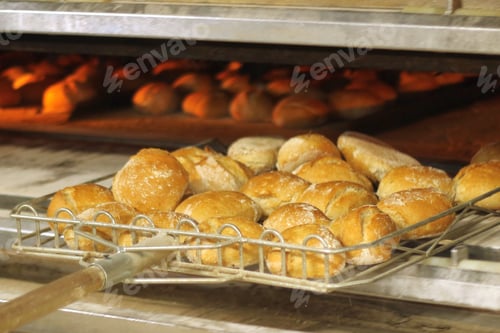 Preview: Closeup shot of fresh buns taken out of the oven in the bakery