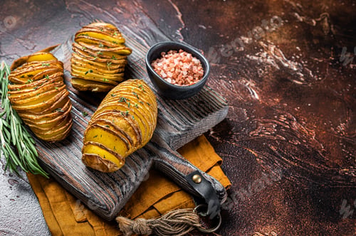 Preview: Roasted Hasselback Potato with Fresh thyme and rosemary. Dark background. Top view. Copy space