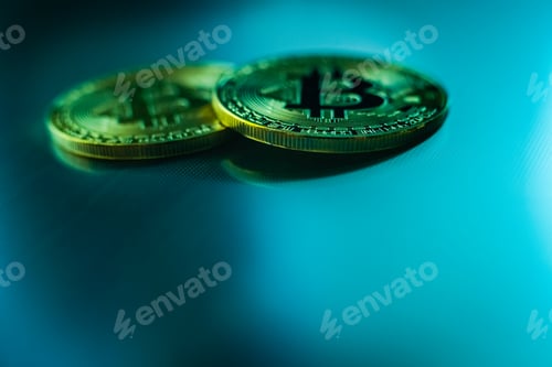 Preview: Two cryptocurrencies golden bitcoin, new economy, with negative space.