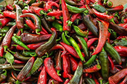 Preview: Harvest of red hot pepper lies on a pile.