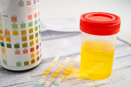 Preview: Urinalysis, urine cup with reagent strip pH paper test and comparison chart in laboratory.