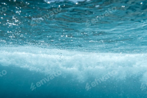 Preview: Underwater View of Bubbles In Deep Blue Ocean. Close Up Water. Background