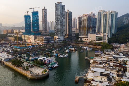 Preview: Lei yue man, Hong Kong 22 May 2019: Top view of Hong Kong residential district at the seaside