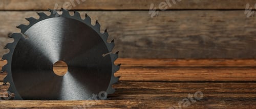 Preview: Saw disk on wooden background, space for text. Carpenter's tool. Banner design