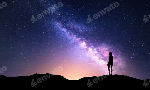 Preview: Beautiful Milky Way with standing woman. Colorful night sky