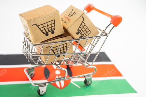 Preview: Box with shopping online cart logo and Kenya flag, Import Export Shopping online or commerce finance