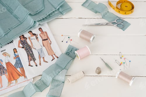 Preview: Sewing items are laid out on a white table, dress pattern, needle and thread