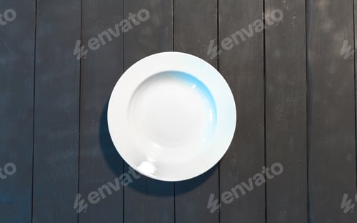Preview: Empty white plate on wooden table
